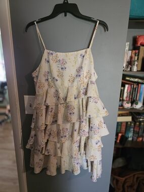 SHEIN Cream Floral Tiered Ruffle Mini Dress